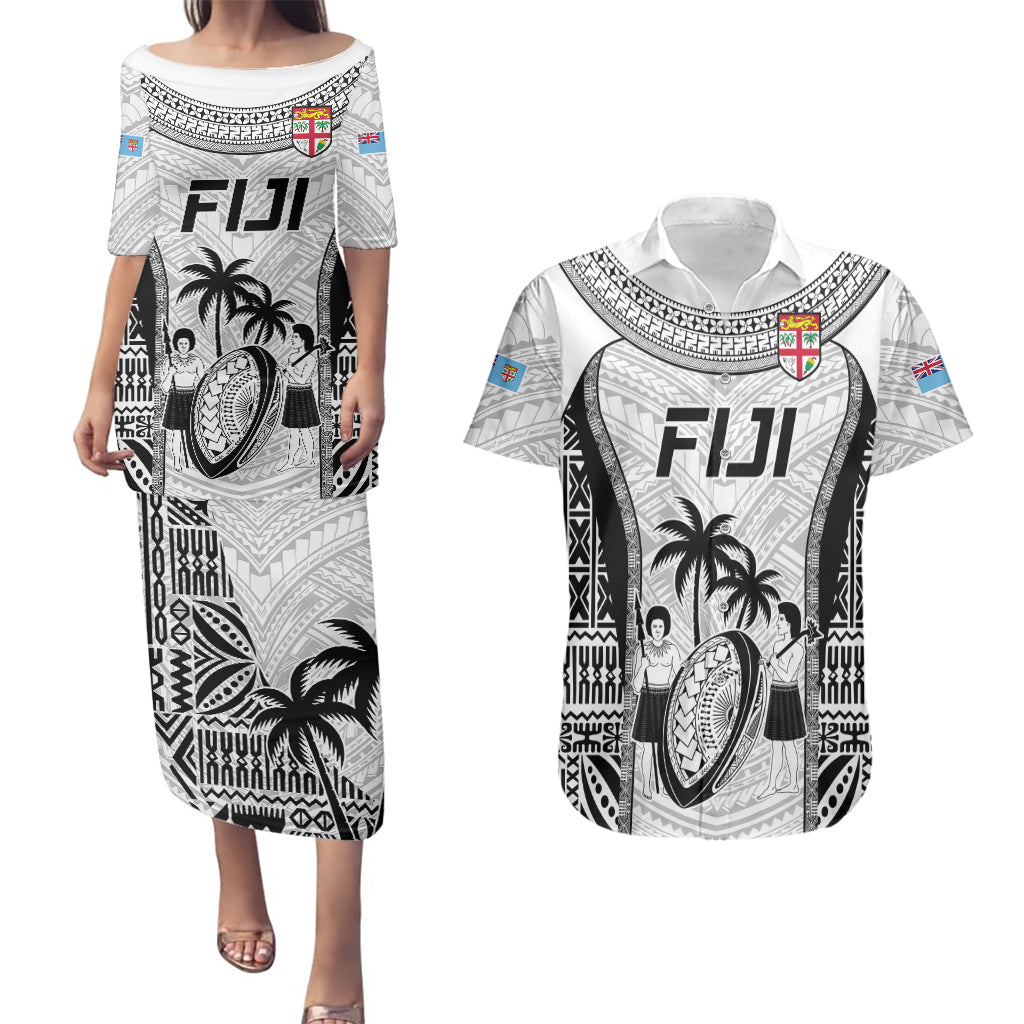 Custom Fiji Rugby Couples Matching Puletasi Dress and Hawaiian Shirt Go Champions World Cup 2023 Tapa Unique White Vibe LT9 White - Polynesian Pride