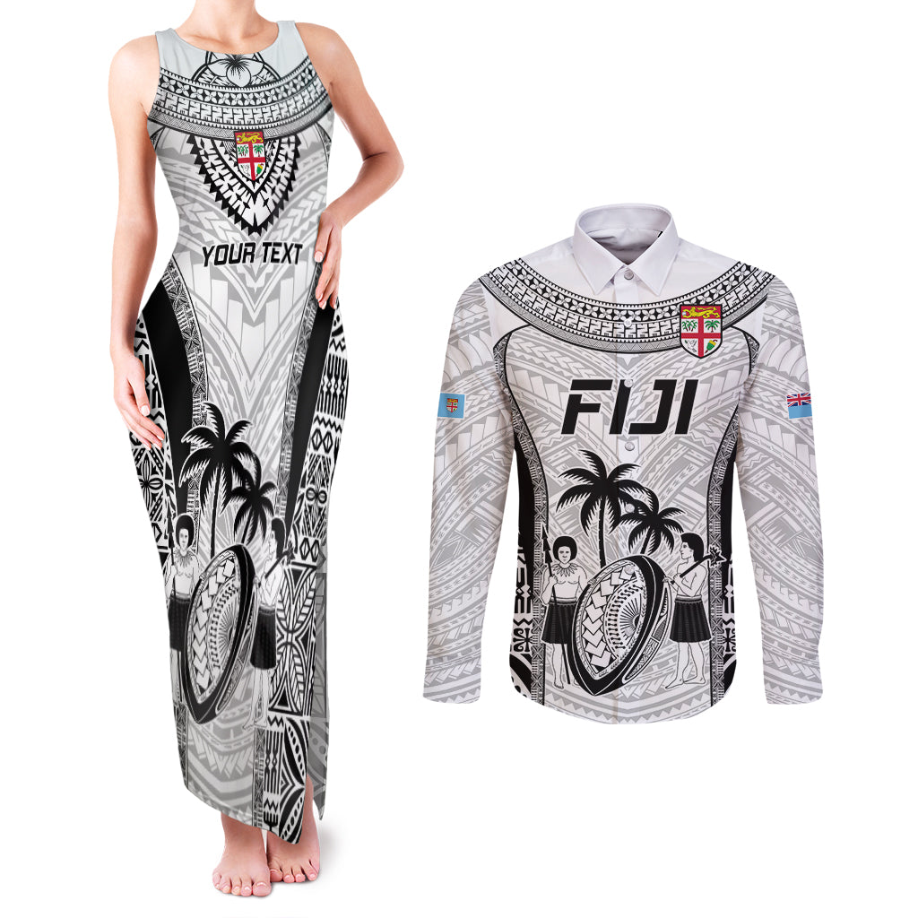 Custom Fiji Rugby Couples Matching Tank Maxi Dress and Long Sleeve Button Shirts Go Champions World Cup 2023 Tapa Unique White Vibe LT9 White - Polynesian Pride