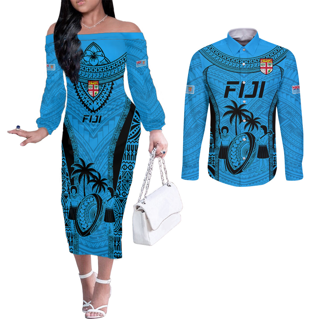 Fiji Rugby Couples Matching Off The Shoulder Long Sleeve Dress and Long Sleeve Button Shirts Go Champions World Cup 2023 Tapa Unique Blue Vibe LT9 Blue - Polynesian Pride