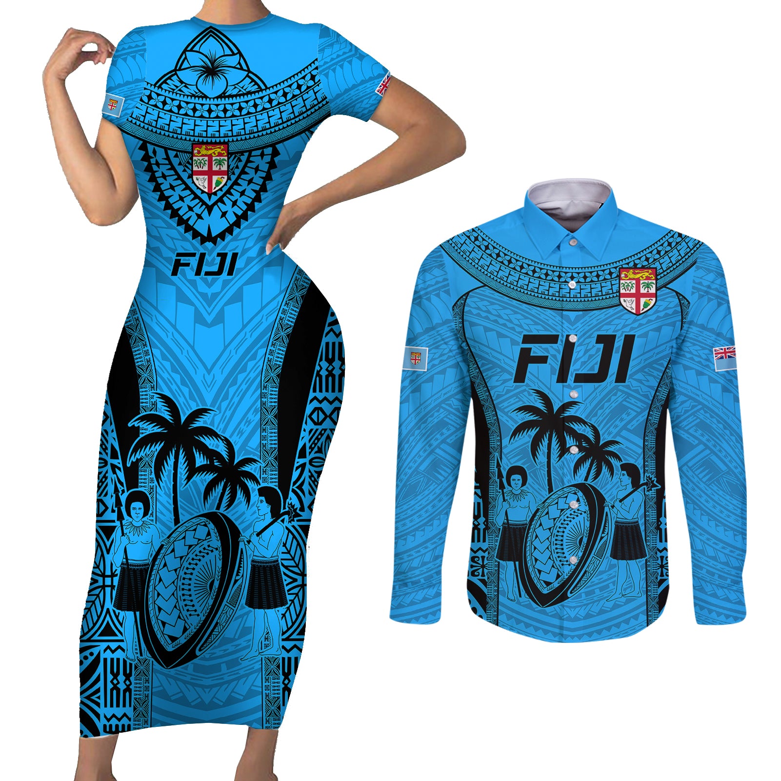 Fiji Rugby Couples Matching Short Sleeve Bodycon Dress and Long Sleeve Button Shirts Go Champions World Cup 2023 Tapa Unique Blue Vibe LT9 Blue - Polynesian Pride