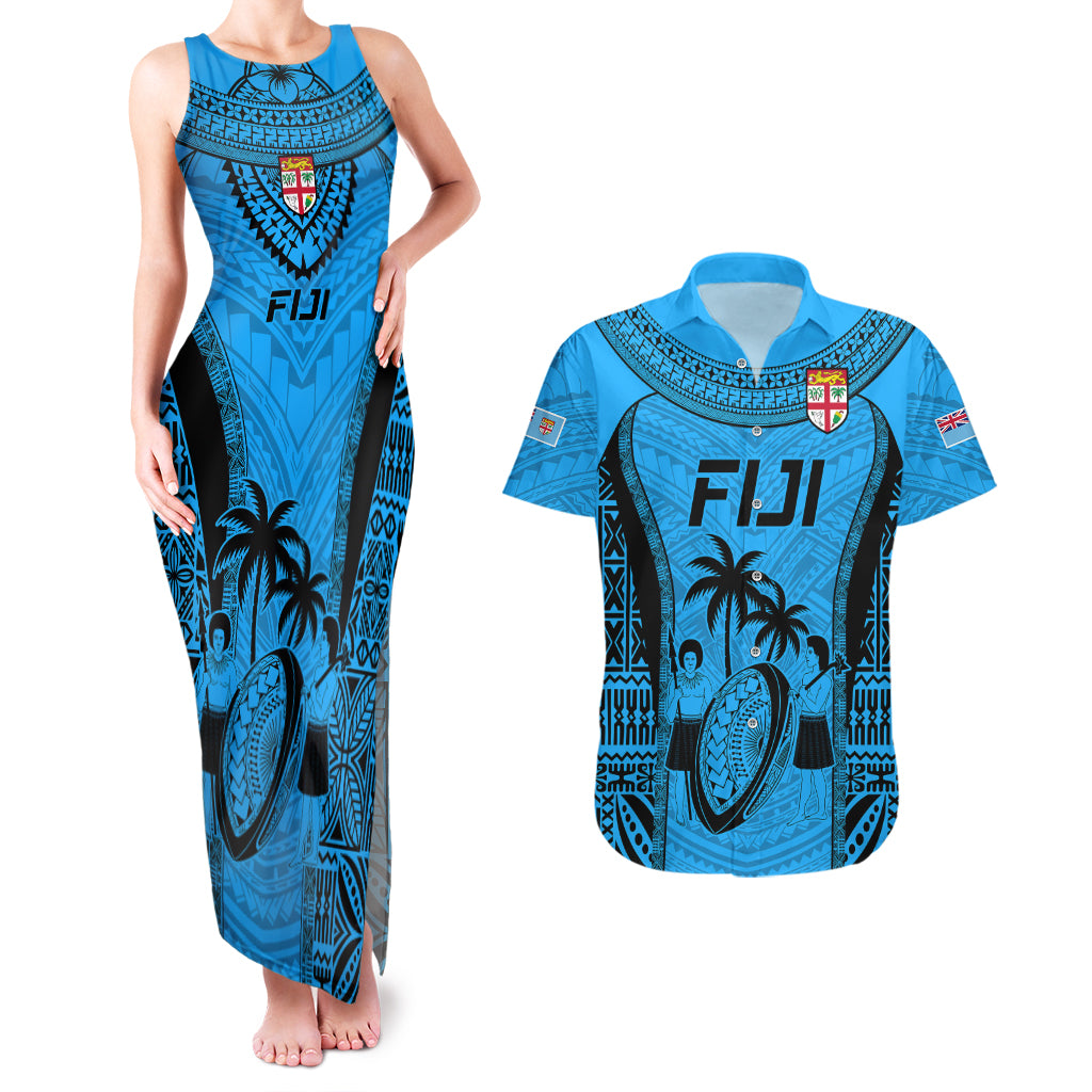 Fiji Rugby Couples Matching Tank Maxi Dress and Hawaiian Shirt Go Champions World Cup 2023 Tapa Unique Blue Vibe LT9 Blue - Polynesian Pride