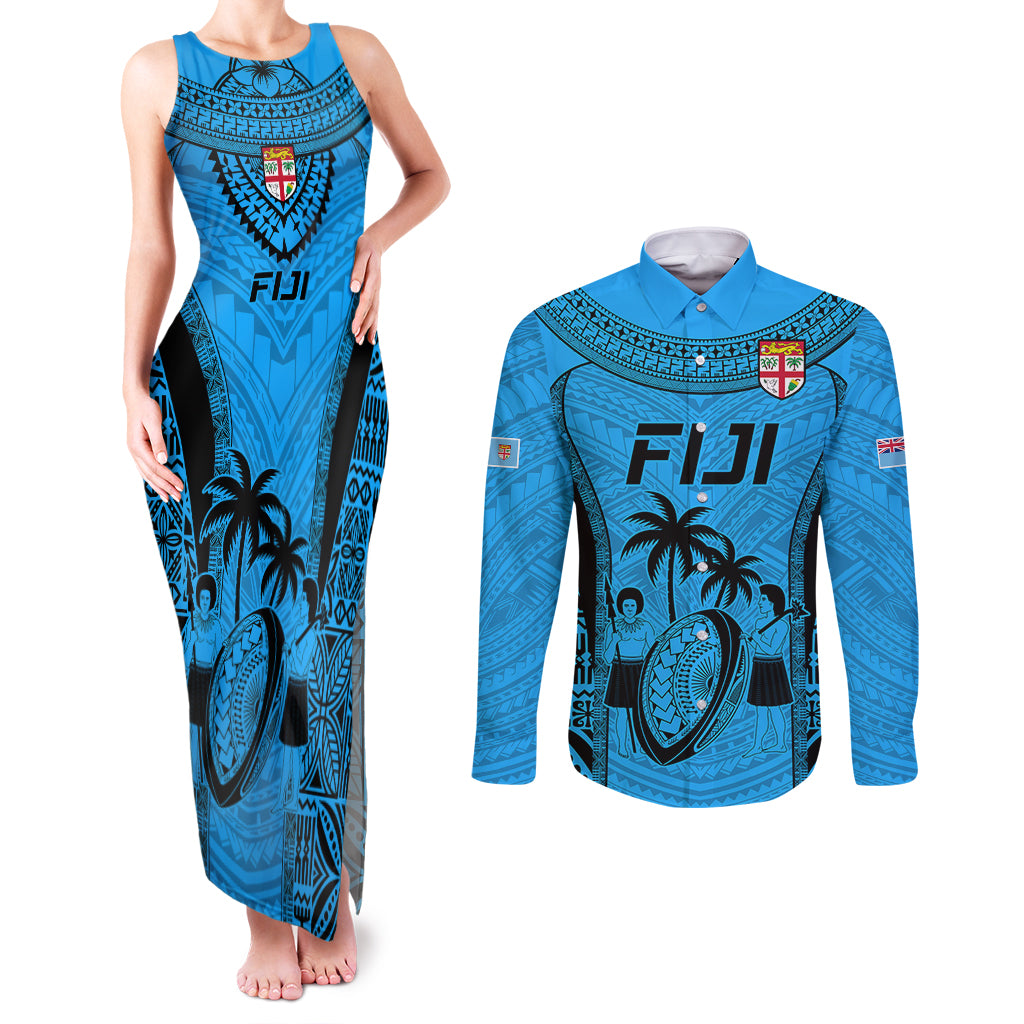 Fiji Rugby Couples Matching Tank Maxi Dress and Long Sleeve Button Shirts Go Champions World Cup 2023 Tapa Unique Blue Vibe LT9 Blue - Polynesian Pride