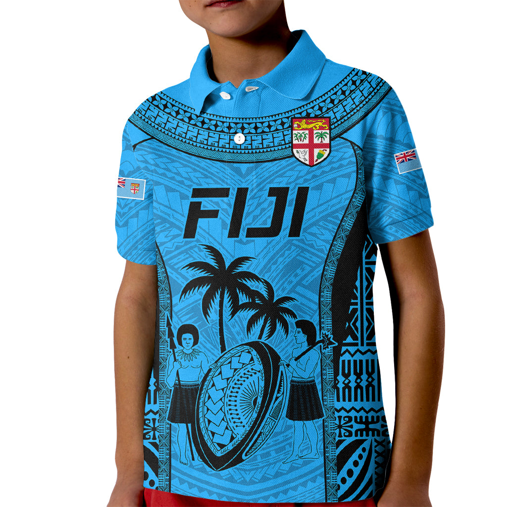 Fiji Rugby Kid Polo Shirt Go Champions World Cup 2023 Tapa Unique Blue Vibe LT9 Kid Blue - Polynesian Pride