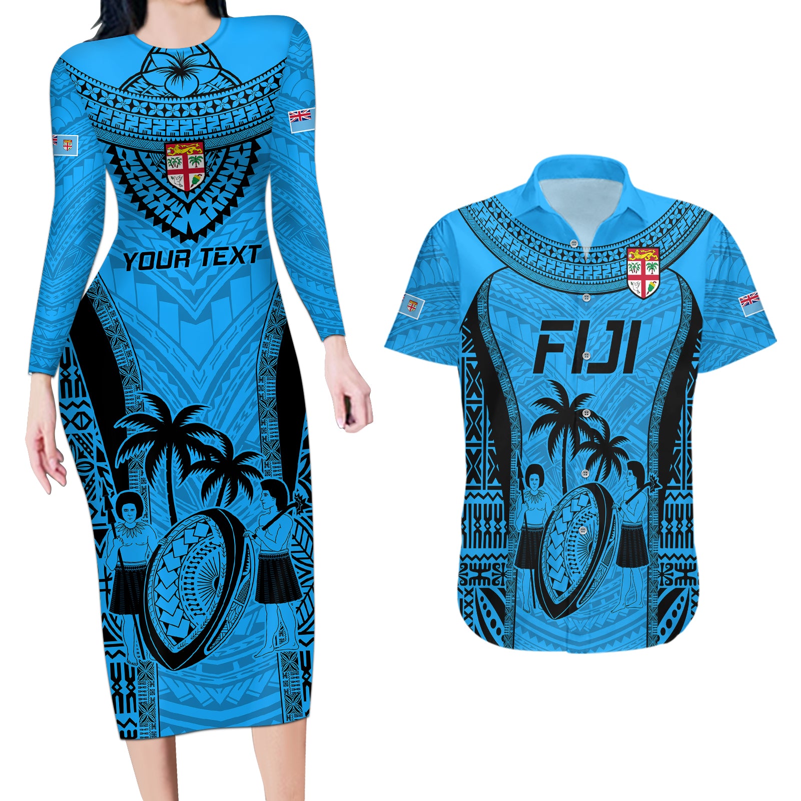 Custom Fiji Rugby Couples Matching Long Sleeve Bodycon Dress and Hawaiian Shirt Go Champions World Cup 2023 Tapa Unique Blue Vibe LT9 Blue - Polynesian Pride