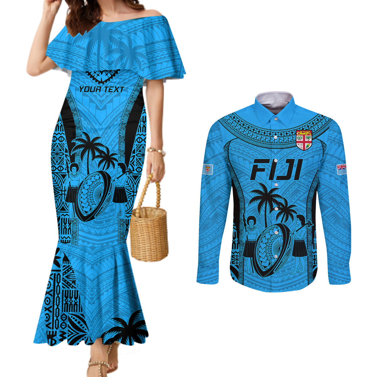 Custom Fiji Rugby Couples Matching Mermaid Dress and Long Sleeve Button Shirts Go Champions World Cup 2023 Tapa Unique Blue Vibe LT9 Blue - Polynesian Pride