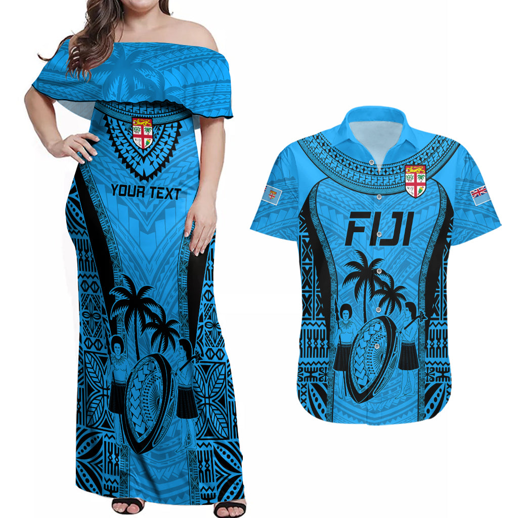 Custom Fiji Rugby Couples Matching Off Shoulder Maxi Dress and Hawaiian Shirt Go Champions World Cup 2023 Tapa Unique Blue Vibe LT9 Blue - Polynesian Pride