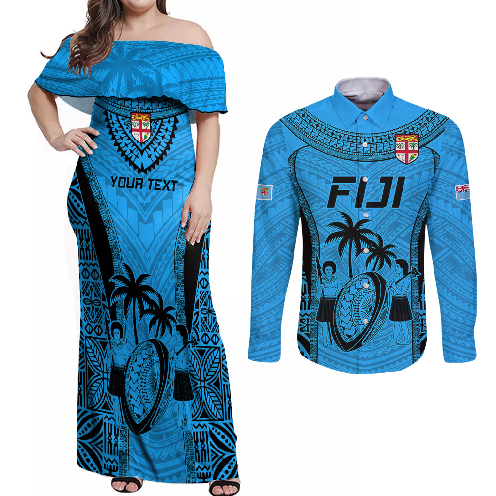 Custom Fiji Rugby Couples Matching Off Shoulder Maxi Dress and Long Sleeve Button Shirts Go Champions World Cup 2023 Tapa Unique Blue Vibe LT9 Blue - Polynesian Pride