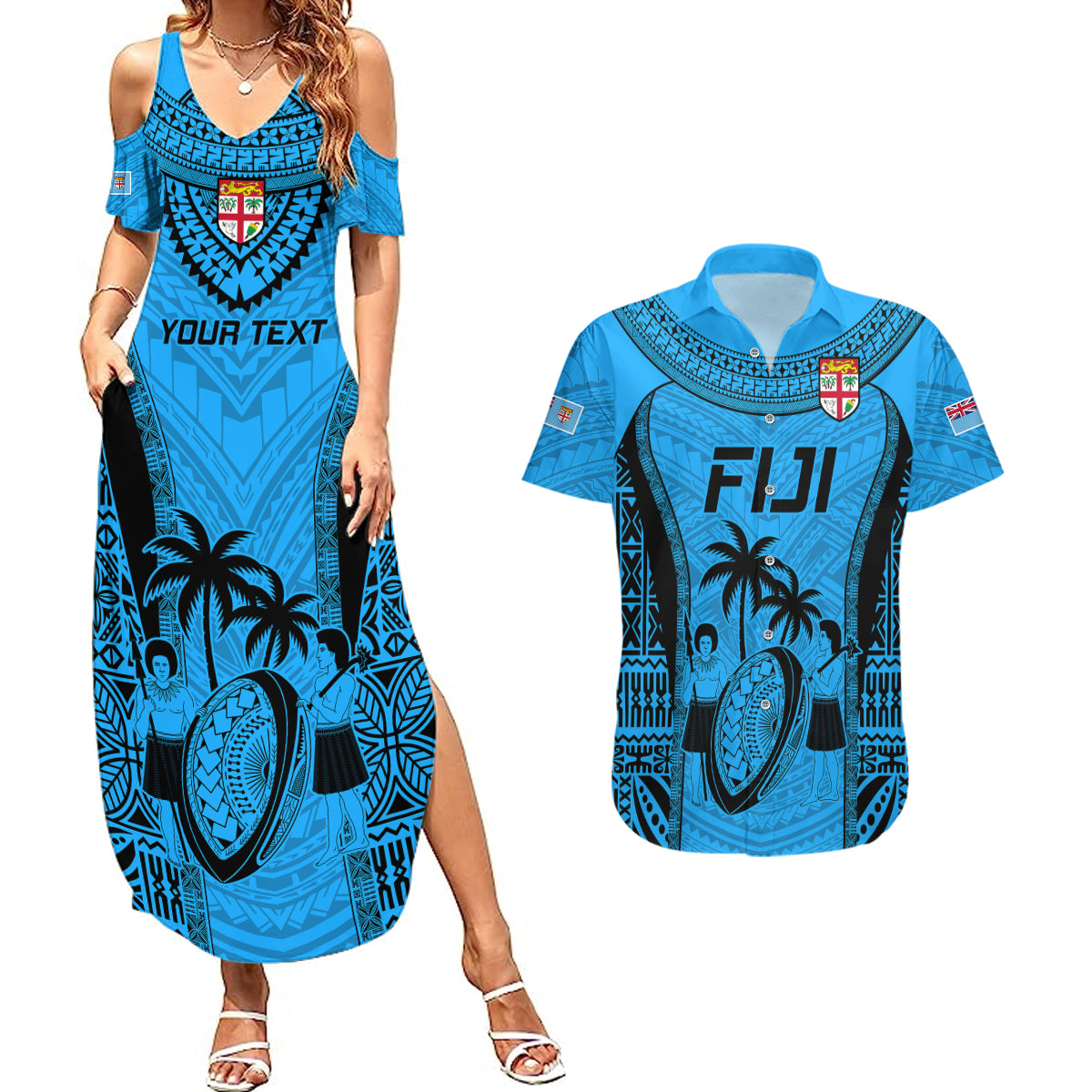 Custom Fiji Rugby Couples Matching Summer Maxi Dress and Hawaiian Shirt Go Champions World Cup 2023 Tapa Unique Blue Vibe LT9 Blue - Polynesian Pride