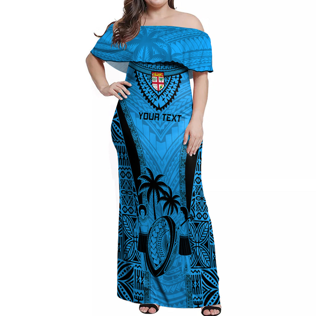 Custom Fiji Rugby Off Shoulder Maxi Dress Go Champions World Cup 2023 Tapa Unique Blue Vibe LT9 Women Blue - Polynesian Pride