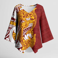 Couple Dolphins Maori Motif Kimono Sleeve Blouse LT9 Female Burgundy - Polynesian Pride