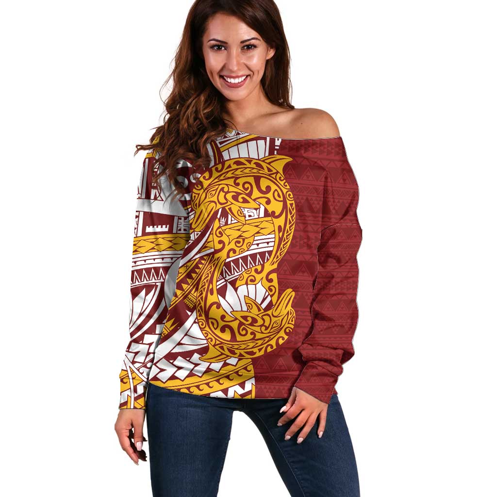 Couple Dolphins Maori Motif Off Shoulder Sweater LT9 Women Burgundy - Polynesian Pride