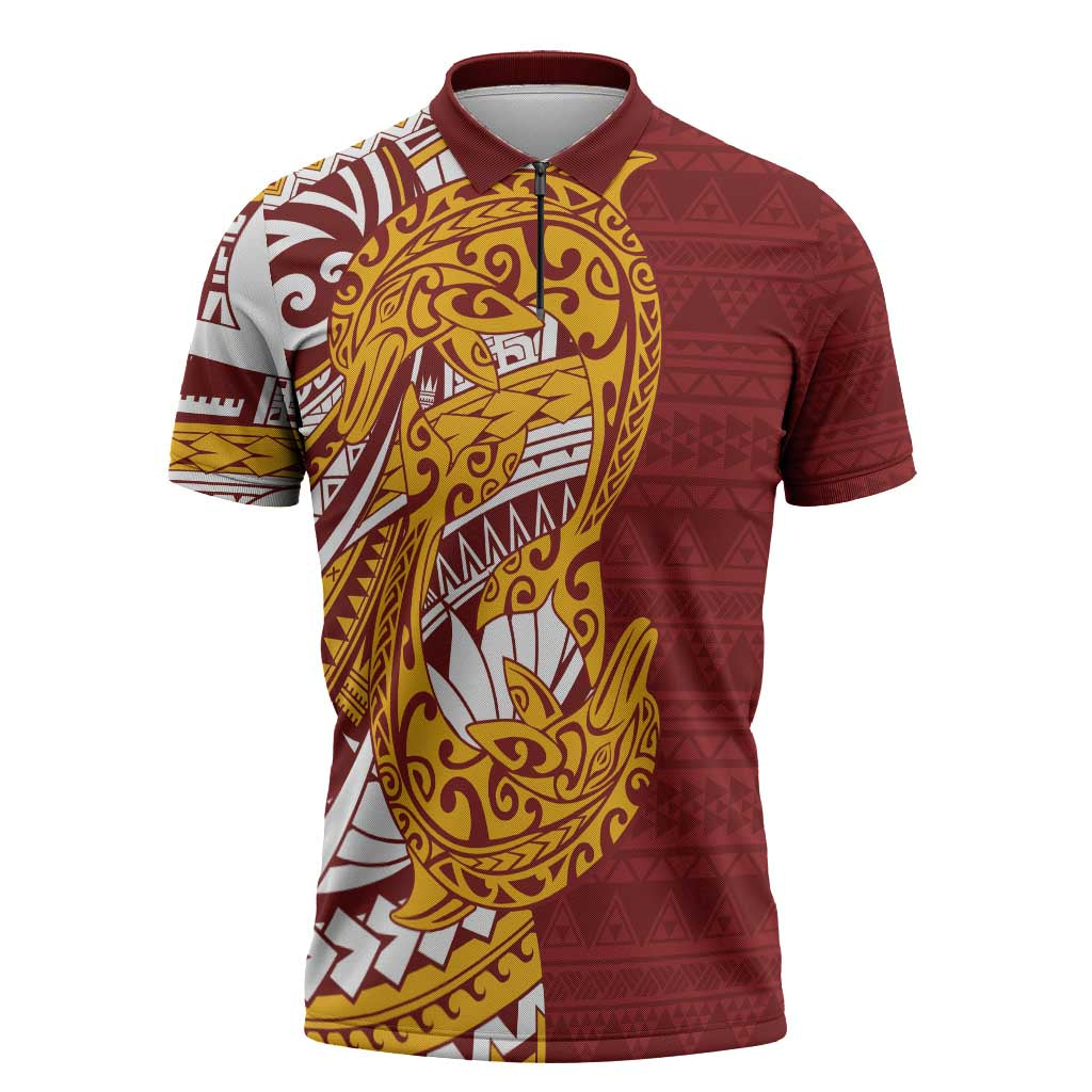 Couple Dolphins Maori Motif Zipper Polo Shirt LT9 Burgundy - Polynesian Pride