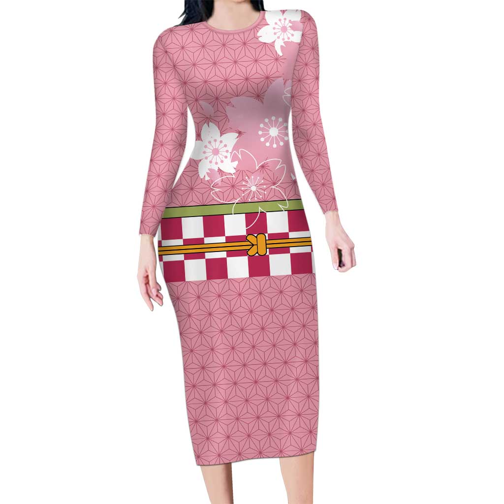 Japanese Asanoha Pattern Long Sleeve Bodycon Dress Charm Against Evil Spirits LT9 Long Dress Pink - Polynesian Pride