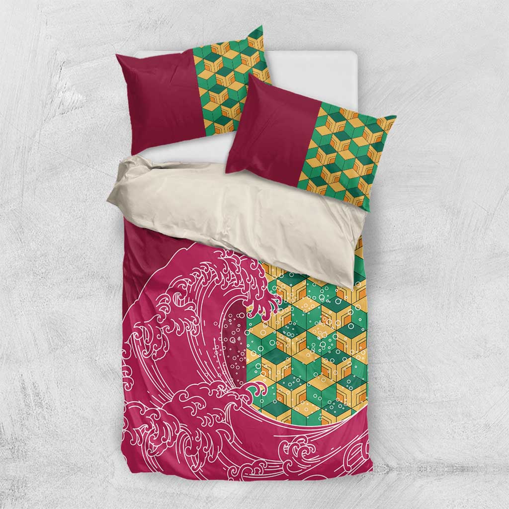 Japanese Bishamon-Kikkou Pattern Bedding Set Water Pillar Silent River Flow LT9 US Twin 172cm x 218cm Burgundy - Polynesian Pride