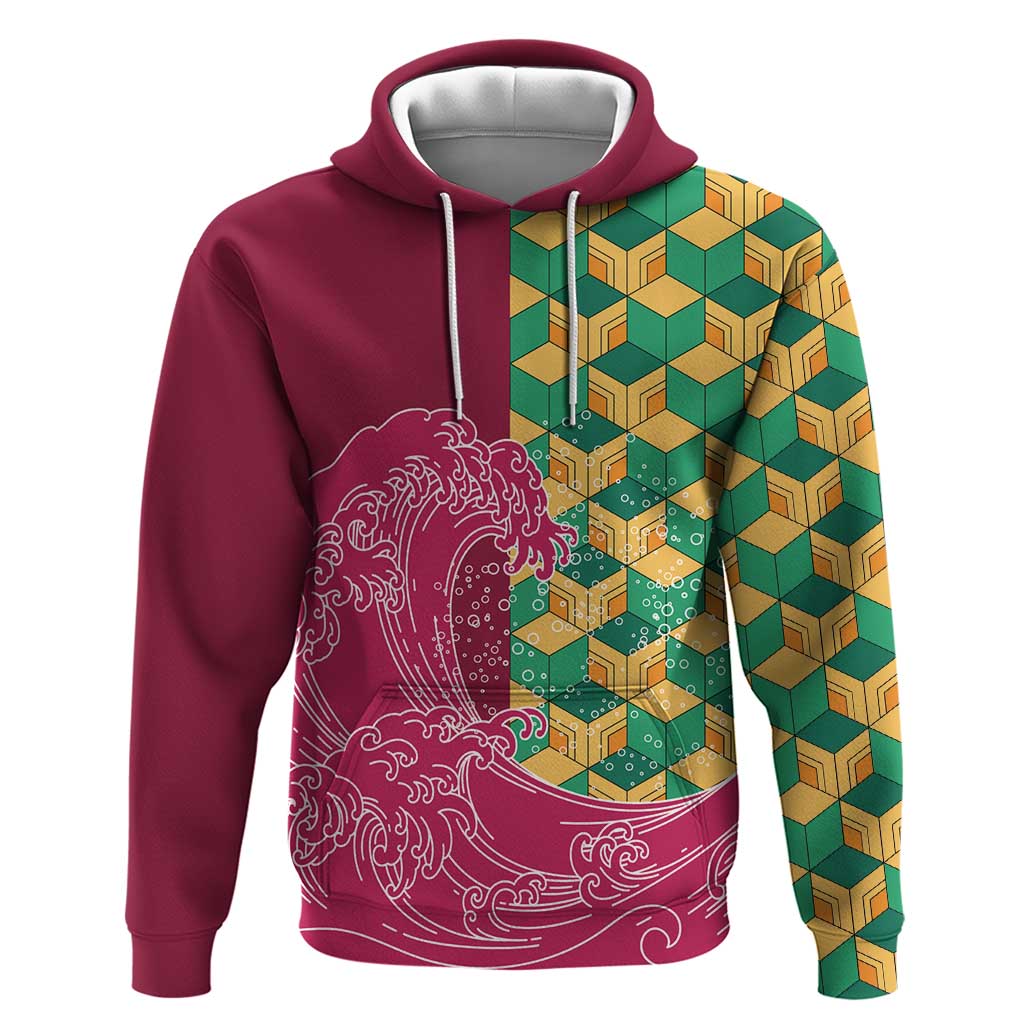 Japanese Bishamon-Kikkou Pattern Hoodie Water Pillar Silent River Flow LT9 Pullover Hoodie Burgundy - Polynesian Pride