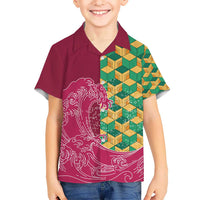 Japanese Bishamon-Kikkou Pattern Kid Hawaiian Shirt Water Pillar Silent River Flow LT9 Kid Burgundy - Polynesian Pride