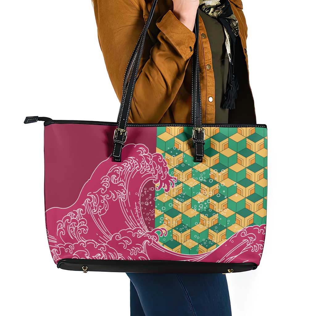 Japanese Bishamon-Kikkou Pattern Leather Tote Bag Water Pillar Silent River Flow LT9 - Polynesian Pride