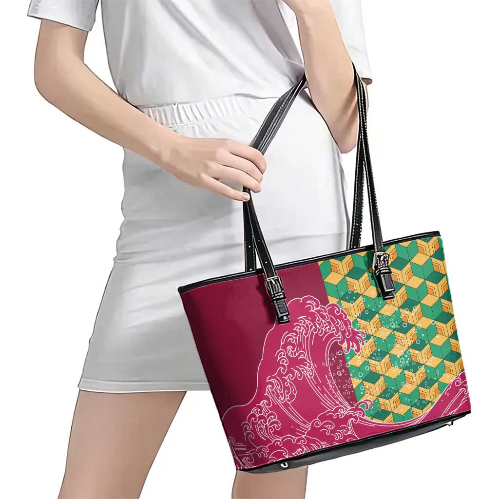 Japanese Bishamon-Kikkou Pattern Leather Tote Bag Water Pillar Silent River Flow LT9 - Polynesian Pride
