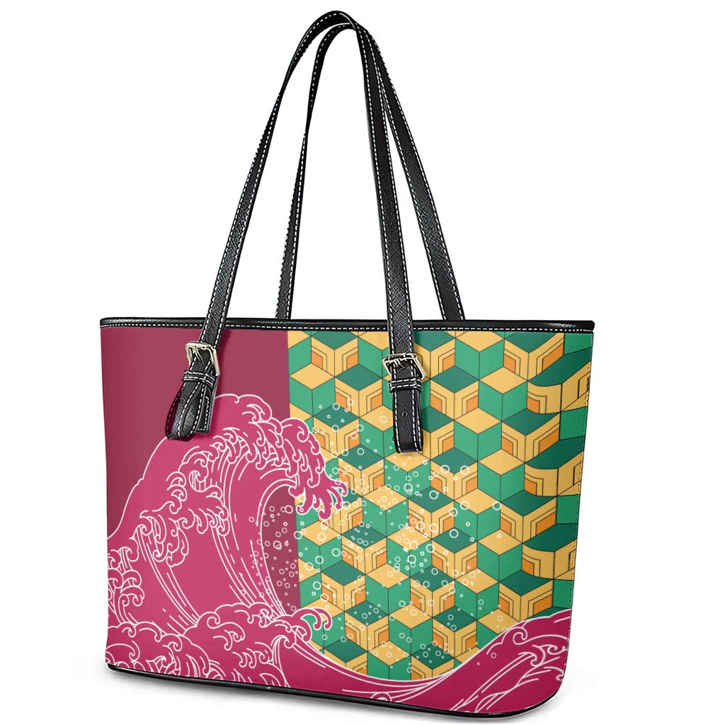 Japanese Bishamon-Kikkou Pattern Leather Tote Bag Water Pillar Silent River Flow LT9 - Polynesian Pride