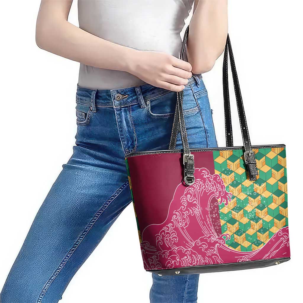 Japanese Bishamon-Kikkou Pattern Leather Tote Bag Water Pillar Silent River Flow LT9 - Polynesian Pride