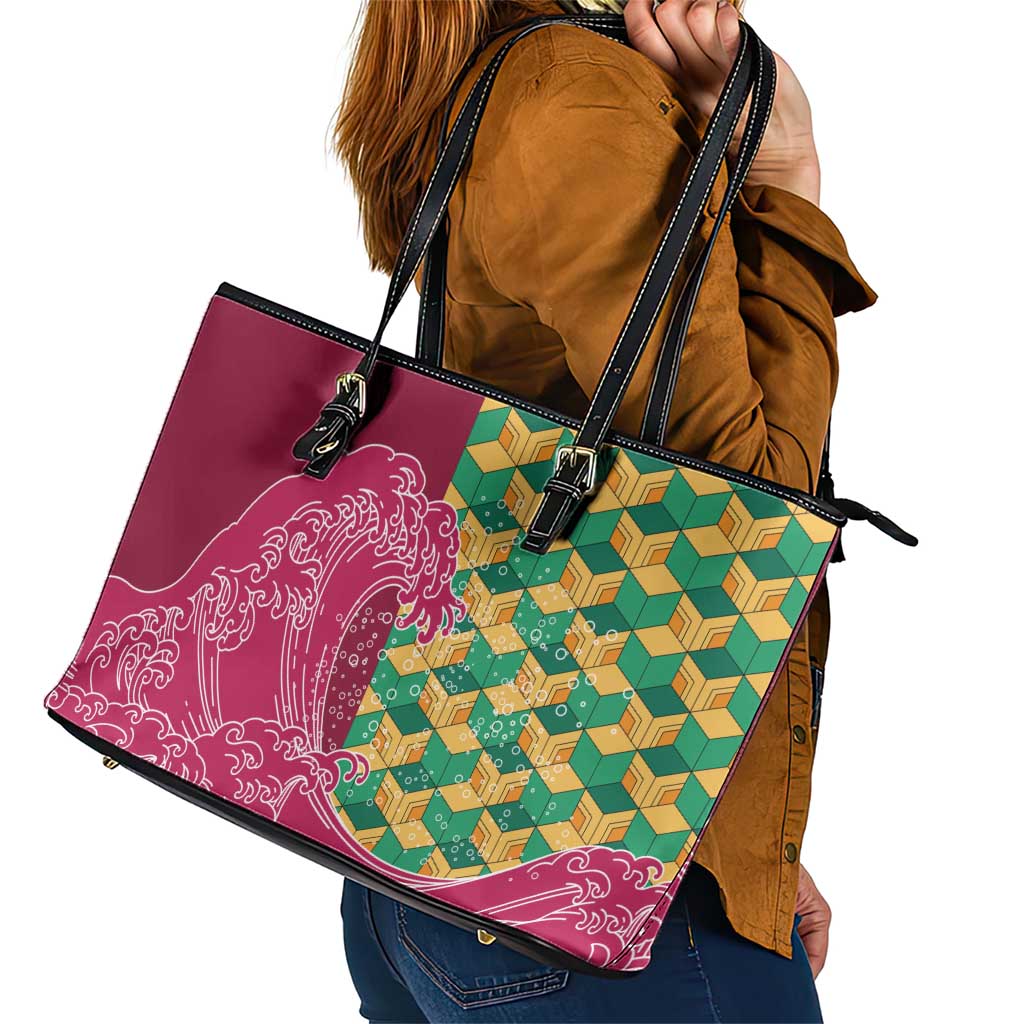 Japanese Bishamon-Kikkou Pattern Leather Tote Bag Water Pillar Silent River Flow LT9 - Polynesian Pride