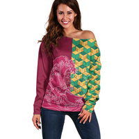 Japanese Bishamon-Kikkou Pattern Off Shoulder Sweater Water Pillar Silent River Flow LT9 Women Burgundy - Polynesian Pride