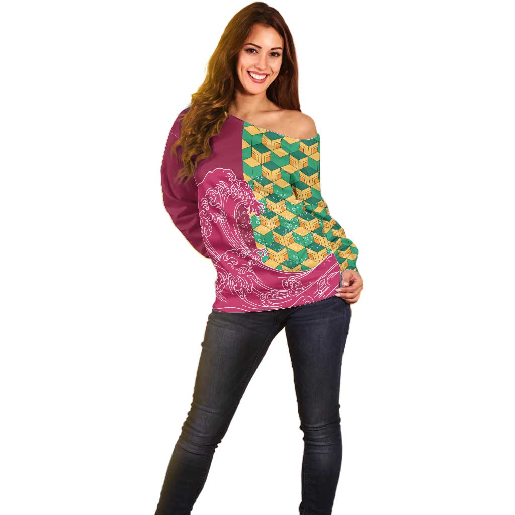 Japanese Bishamon-Kikkou Pattern Off Shoulder Sweater Water Pillar Silent River Flow LT9 - Polynesian Pride