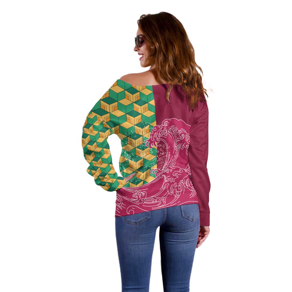 Japanese Bishamon-Kikkou Pattern Off Shoulder Sweater Water Pillar Silent River Flow LT9 - Polynesian Pride