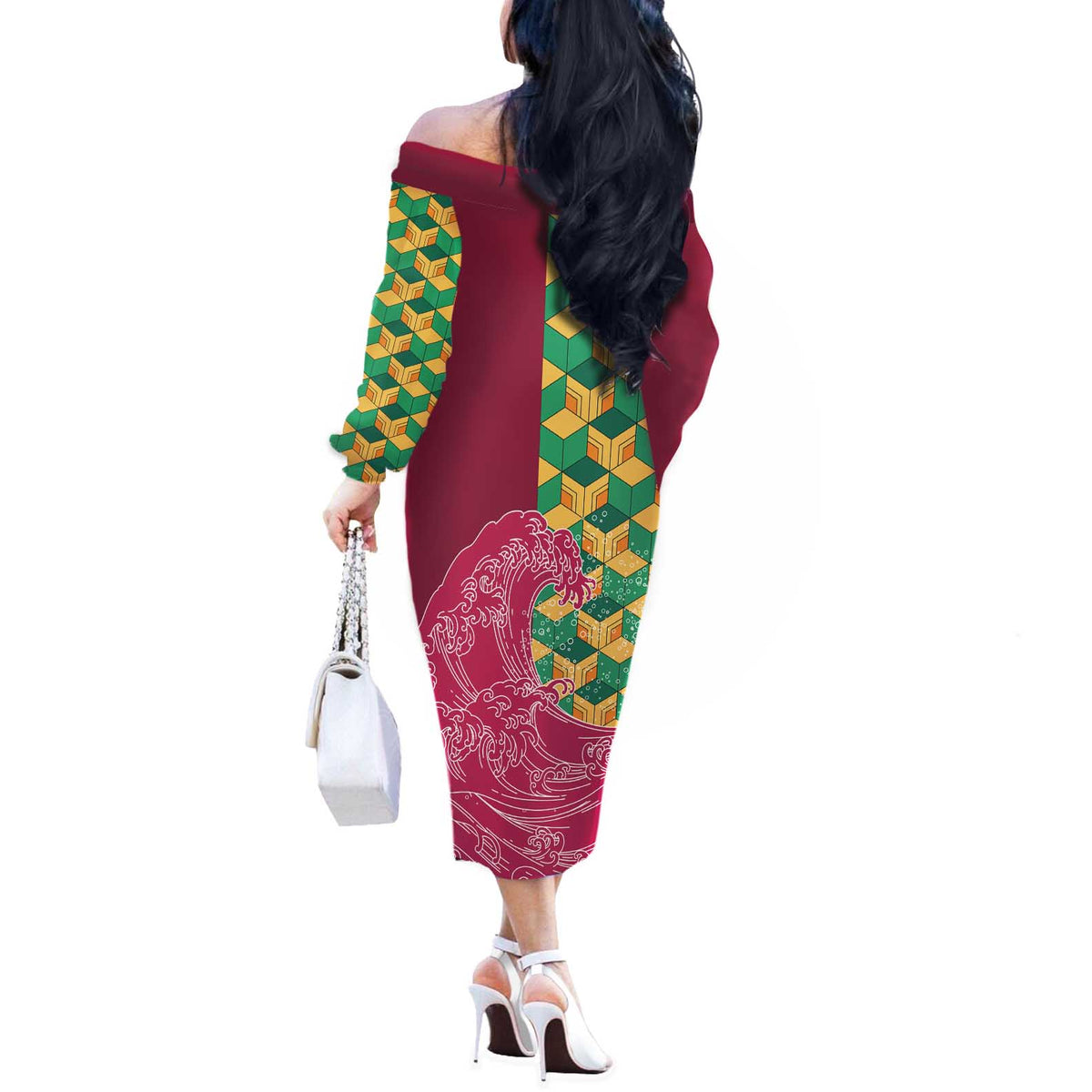 Japanese Bishamon-Kikkou Pattern Off The Shoulder Long Sleeve Dress Water Pillar Silent River Flow LT9 - Polynesian Pride