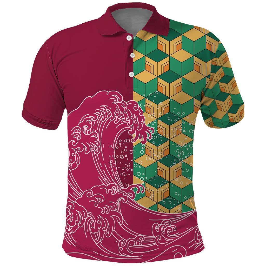 Japanese Bishamon-Kikkou Pattern Polo Shirt Water Pillar Silent River Flow LT9 Burgundy - Polynesian Pride