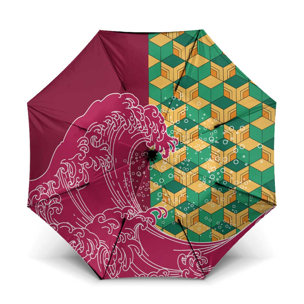 Japanese Bishamon-Kikkou Pattern Umbrella Water Pillar Silent River Flow LT9 One Size Folded 11.42 inch Opened Diameter 37.4 inch Burgundy - Polynesian Pride