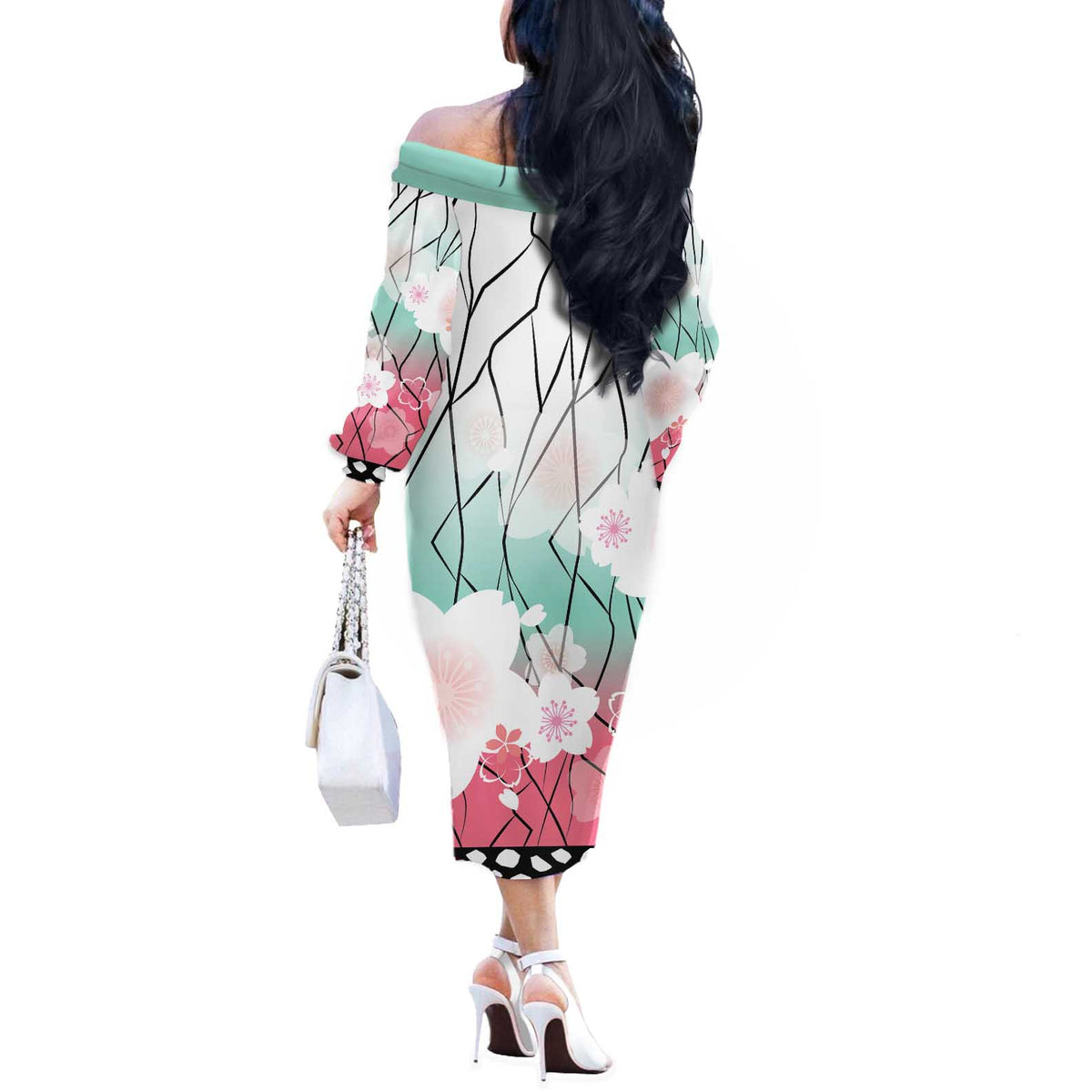 Japanese Kocho Pattern Off The Shoulder Long Sleeve Dress Insect Pillar Butterfly Flower Fairy LT9 - Polynesian Pride