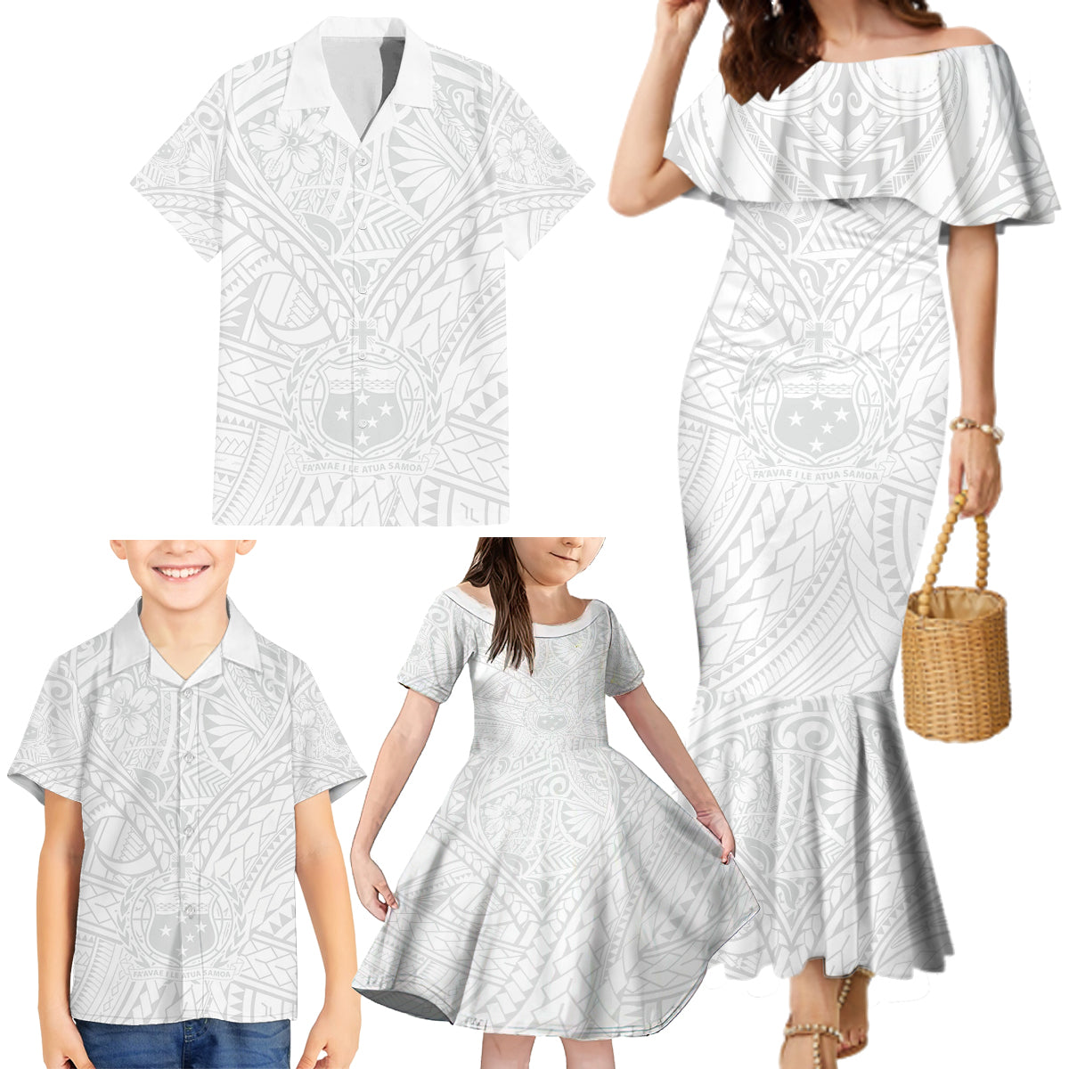 Samoa Lotu Tamaiti Family Matching Mermaid Dress and Hawaiian Shirt Polynesian White Sunday Simple LT9 - Polynesian Pride