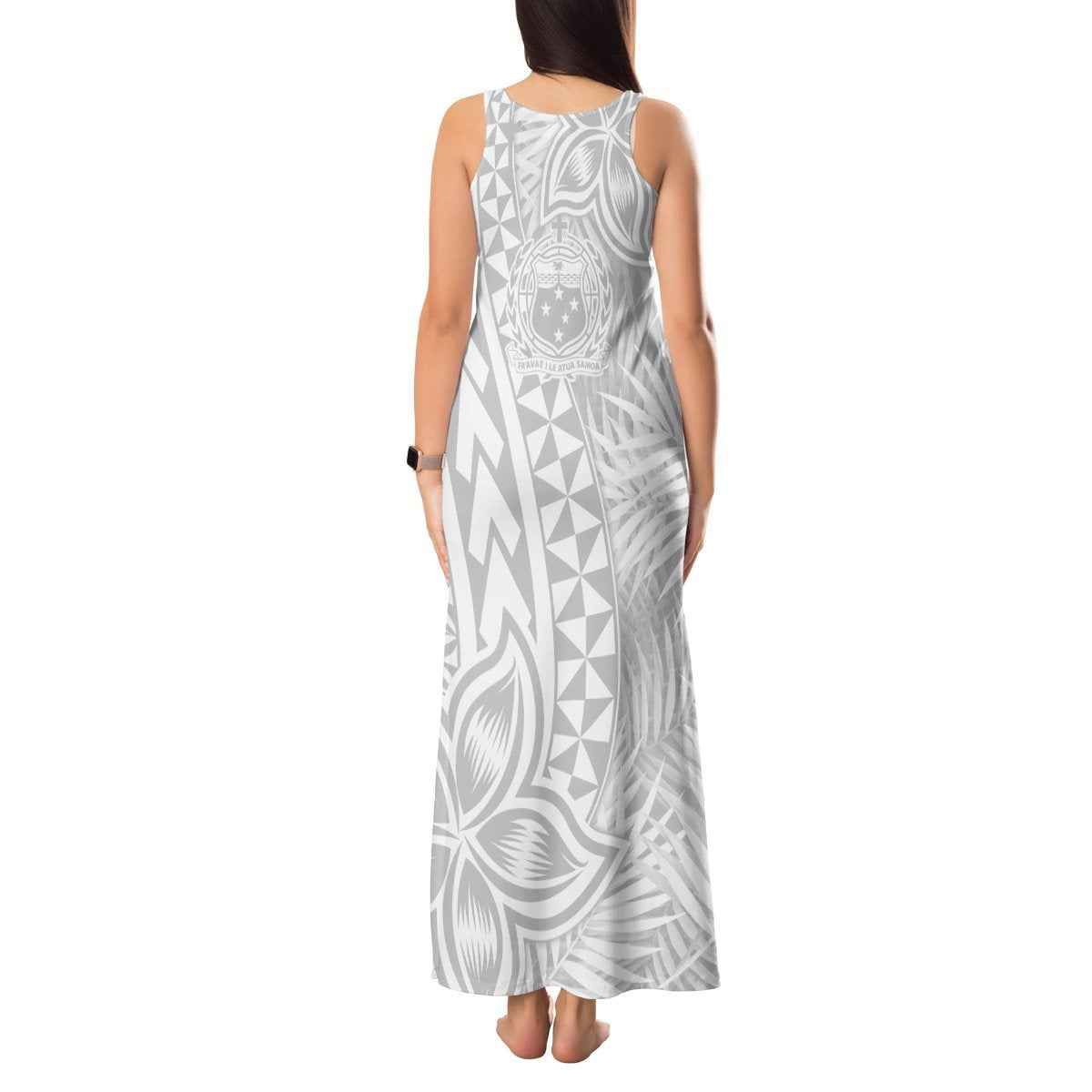 Samoa Lotu Tamait Tank Maxi Dress Tropical Plant White Sunday With Polynesia Pattern LT9 - Polynesian Pride