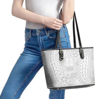 Personalised Samoa Lotu Tamait Leather Tote Bag Tropical Plant White Sunday With Polynesia Pattern LT9 - Polynesian Pride