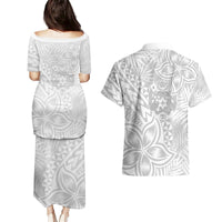 Personalised Tonga White Sunday Couples Matching Puletasi Dress and Hawaiian Shirt Tropical Plant With Polynesian Pattern LT9 - Polynesian Pride