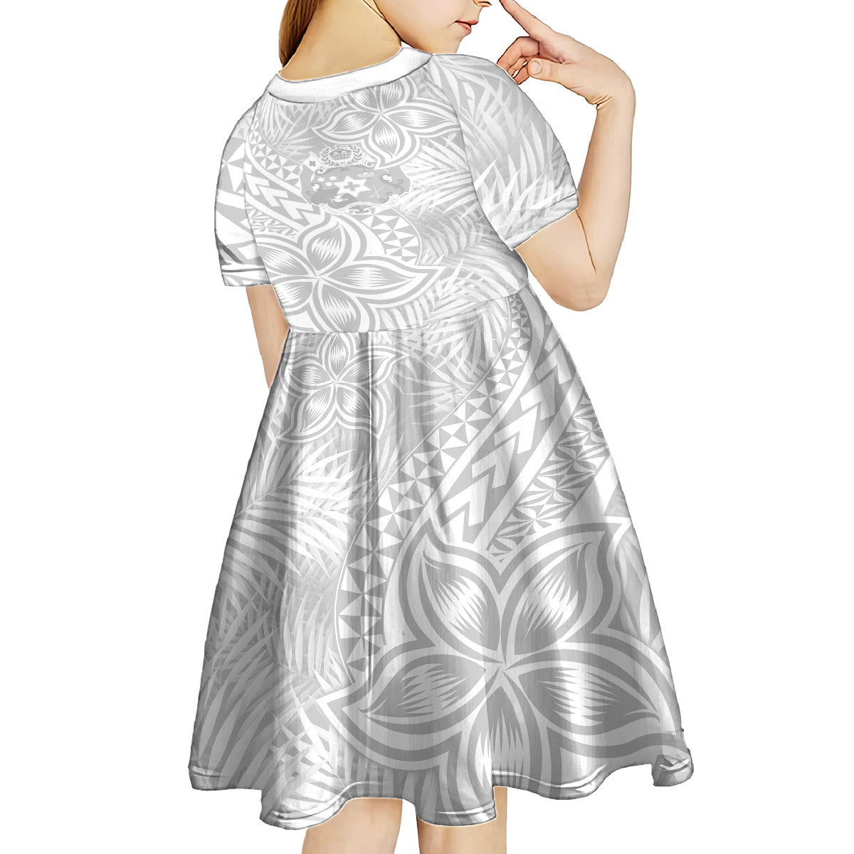 Personalised Tonga White Sunday Kid Short Sleeve Dress Tropical Plant With Polynesian Pattern LT9 - Polynesian Pride