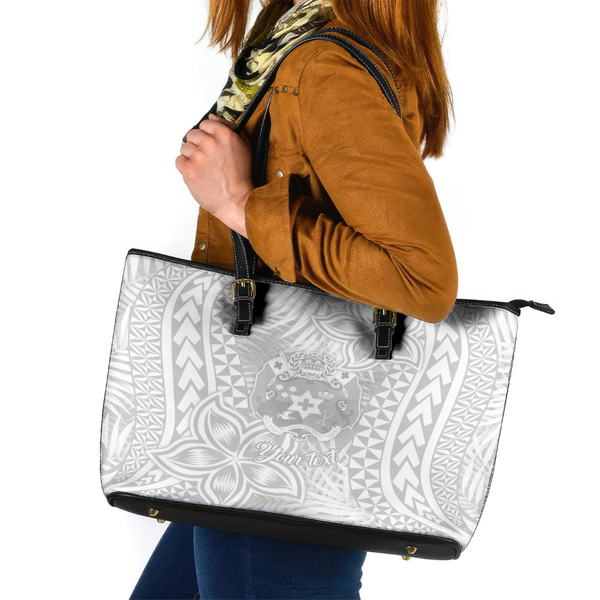 Personalised Tonga White Sunday Leather Tote Bag Tropical Plant With Polynesian Pattern LT9 White - Polynesian Pride