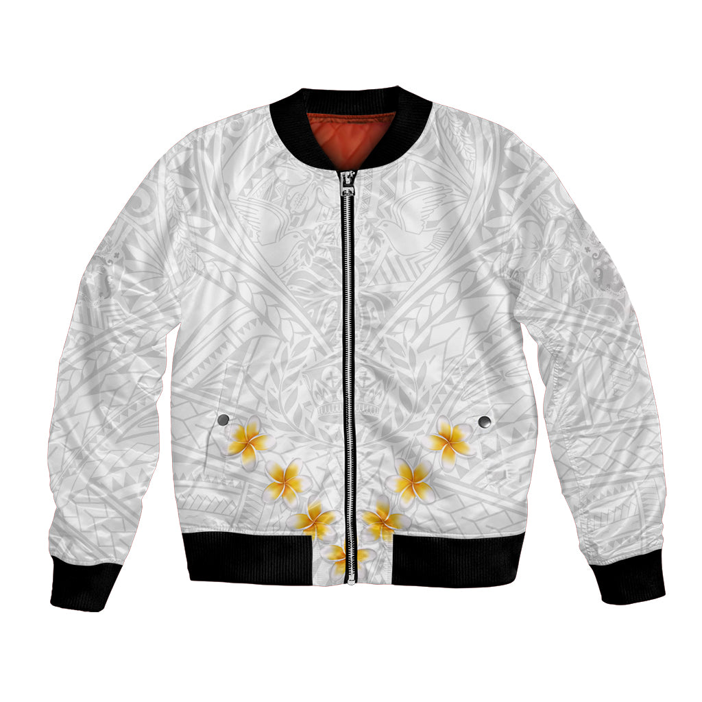 Tonga White Sunday Bomber Jacket Polynesian Plumeria Tribal Simple LT9 Unisex White - Polynesian Pride