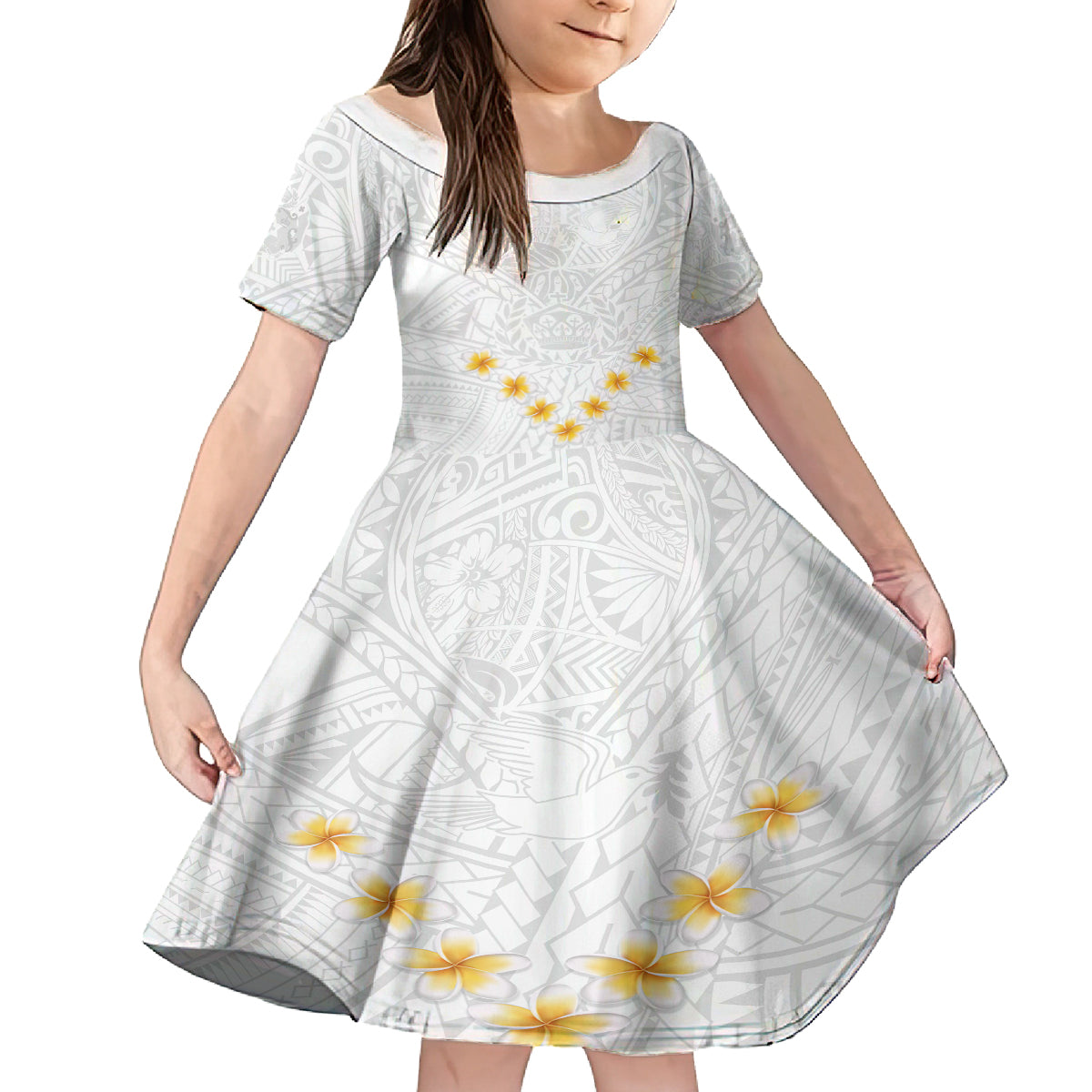 Tonga White Sunday Kid Short Sleeve Dress Polynesian Plumeria Tribal Simple LT9 KID White - Polynesian Pride
