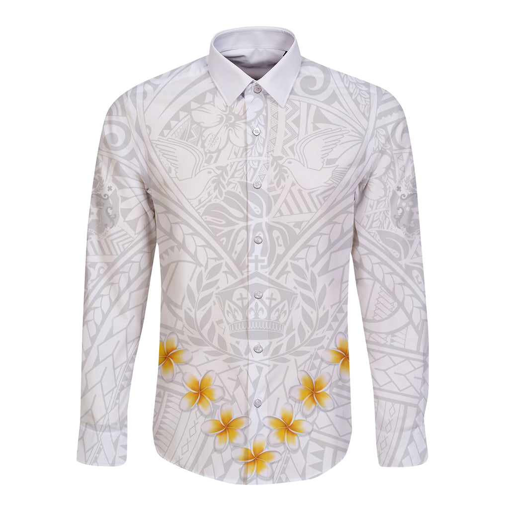 Tonga White Sunday Long Sleeve Button Shirt Polynesian Plumeria Tribal Simple LT9 Unisex White - Polynesian Pride