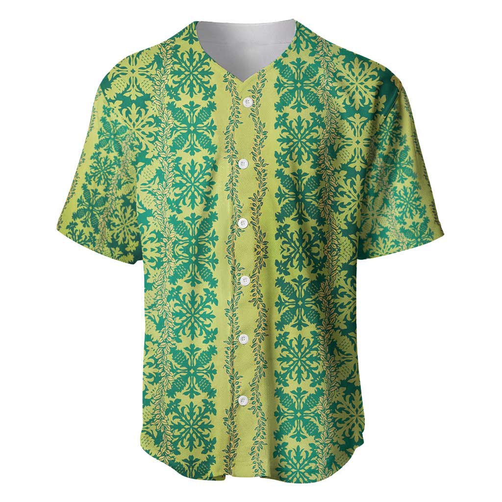 Hawaii Lei with Tribal Quilt Motif Baseball Jersey LT9 Green - Polynesian Pride