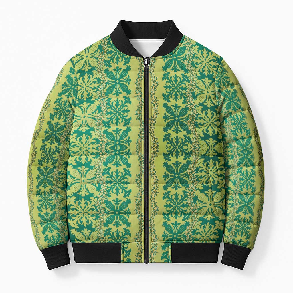 Hawaii Lei with Tribal Quilt Motif Bomber Puffer Jacket LT9 Unisex Green - Polynesian Pride