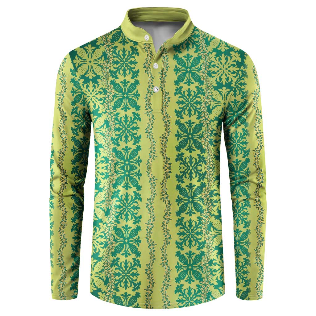 Hawaii Lei with Tribal Quilt Motif Button Sweatshirt LT9 Green - Polynesian Pride