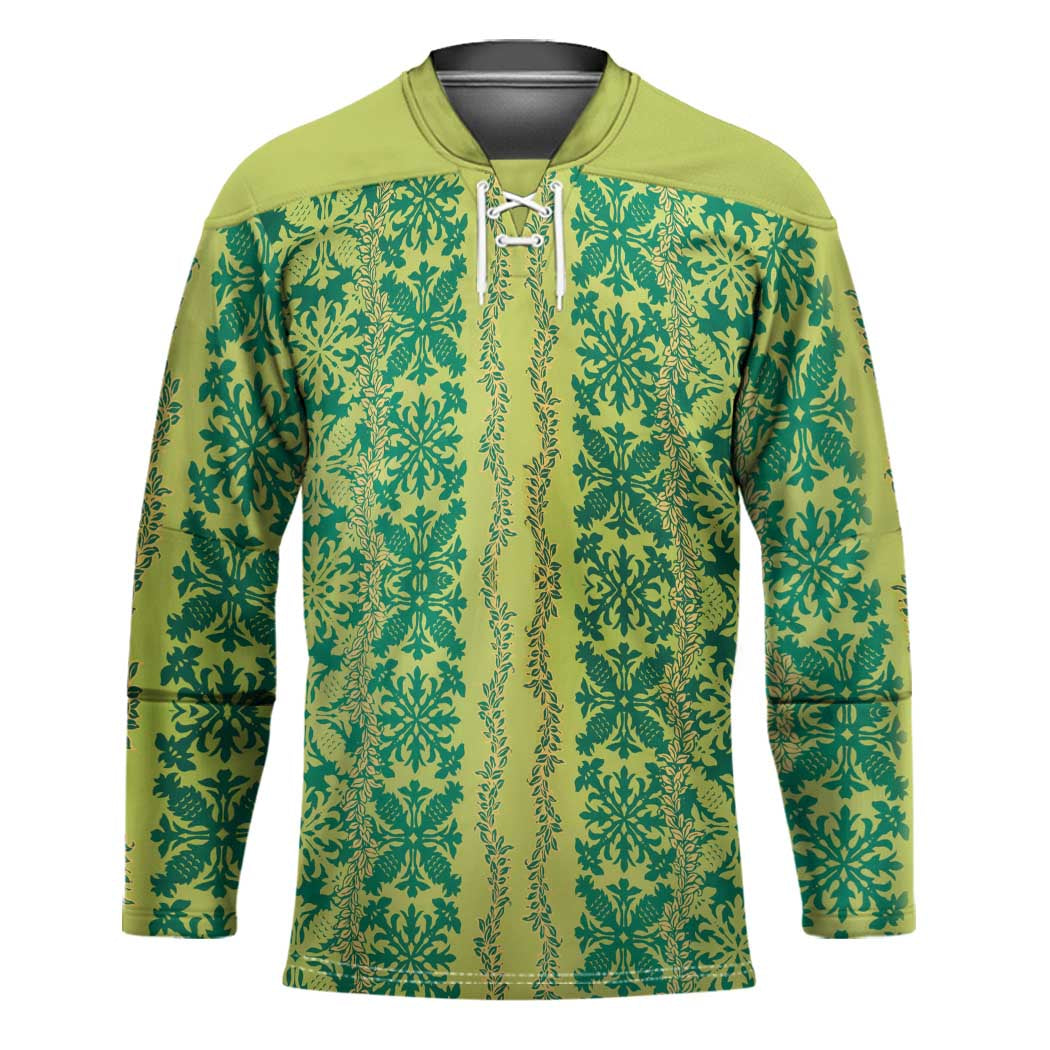 Hawaii Lei with Tribal Quilt Motif Hockey Jersey LT9 Unisex Green - Polynesian Pride