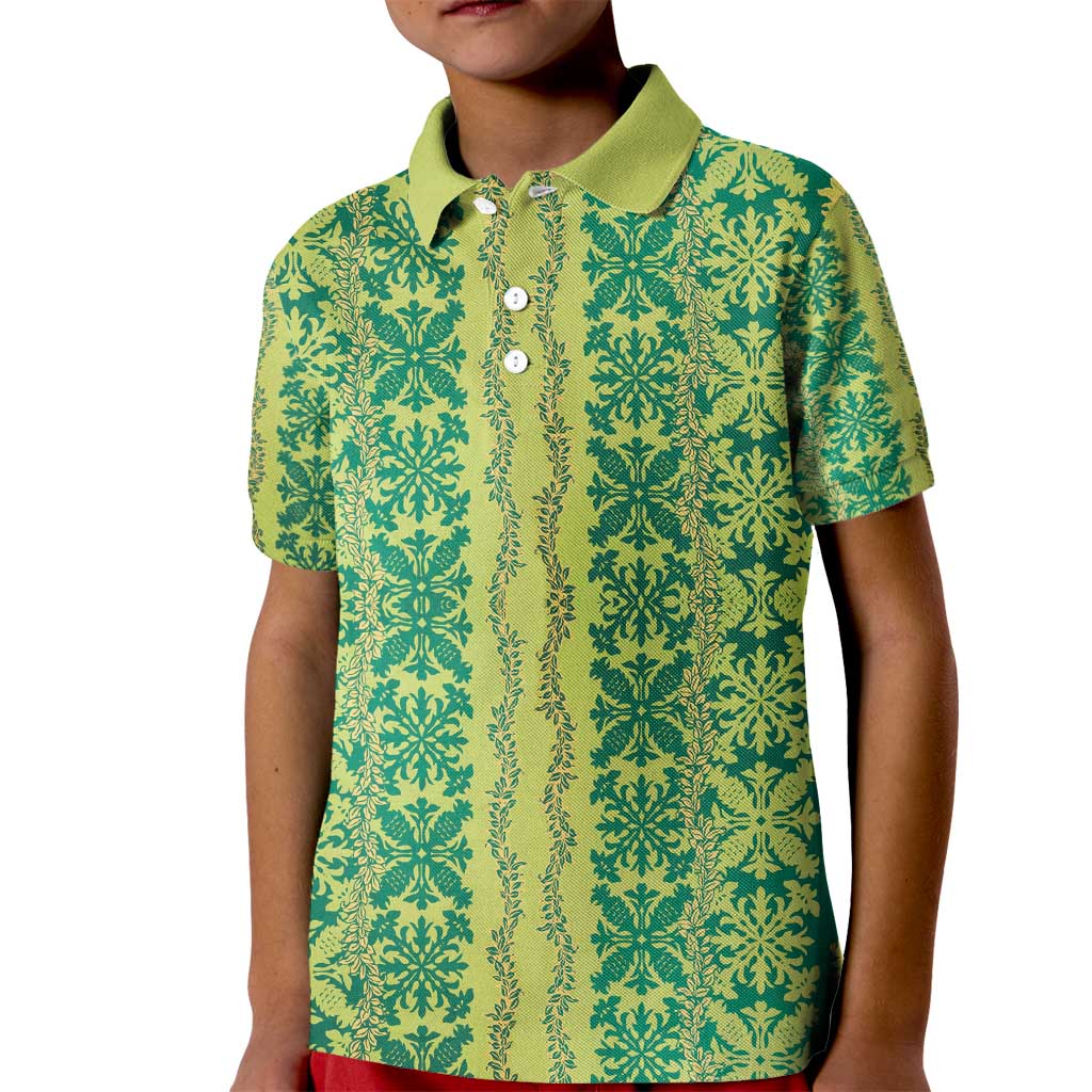 Hawaii Lei with Tribal Quilt Motif Kid Polo Shirt LT9 Kid Green - Polynesian Pride