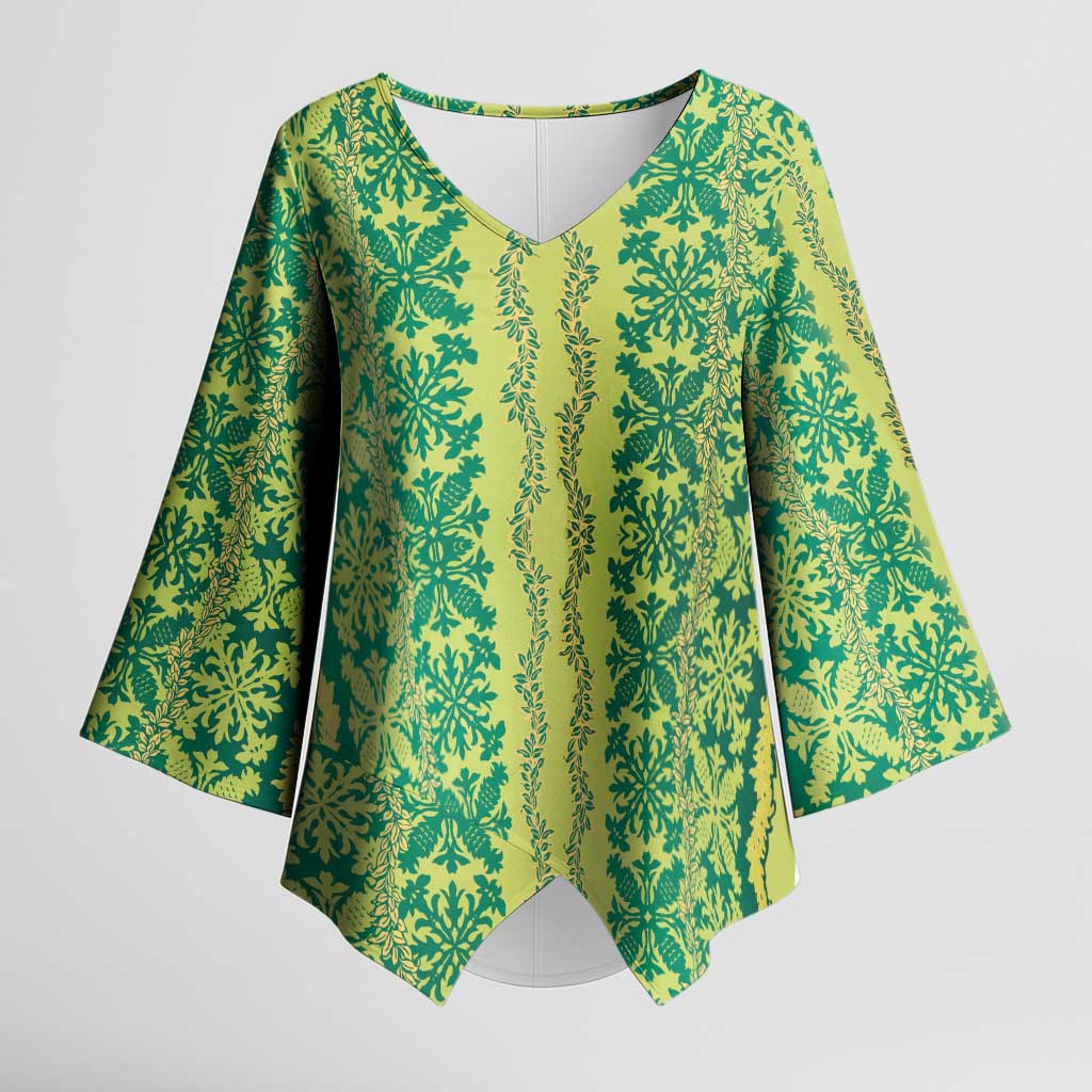 Hawaii Lei with Tribal Quilt Motif Kimono Sleeve Blouse LT9 Female Green - Polynesian Pride