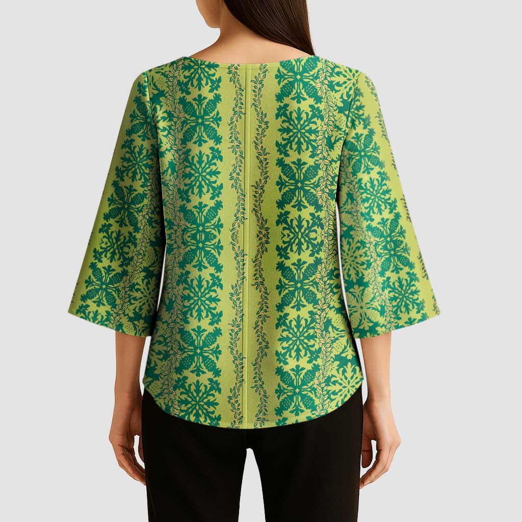 Hawaii Lei with Tribal Quilt Motif Kimono Sleeve Blouse LT9 - Polynesian Pride