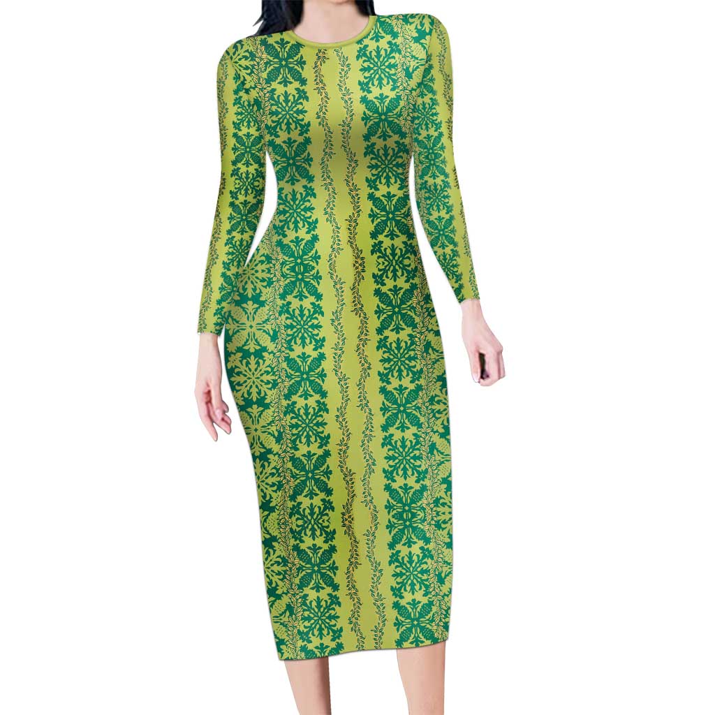 Hawaii Lei with Tribal Quilt Motif Long Sleeve Bodycon Dress LT9 Long Dress Green - Polynesian Pride