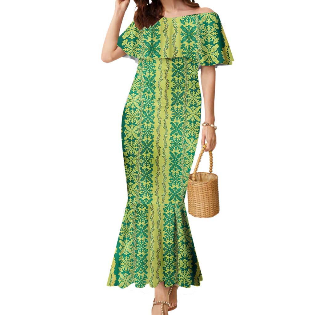 Hawaii Lei with Tribal Quilt Motif Mermaid Dress LT9 Women Green - Polynesian Pride